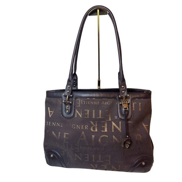 Etienne Aigner Signature Canvas Leather Edge Tote Shoulder Bag Chocolate Brown - Picture 2 of 16